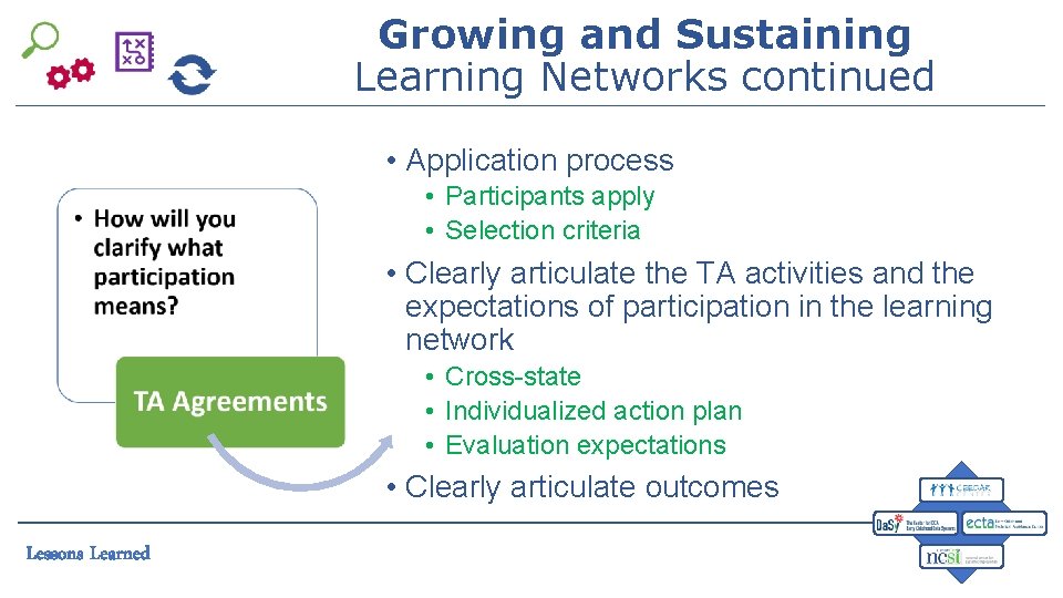 Growing and Sustaining Learning Networks continued • Application process • Participants apply • Selection