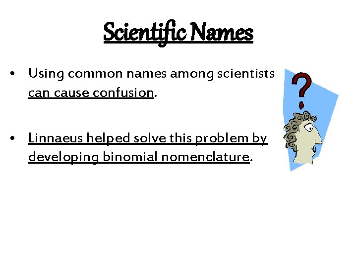 Scientific Names • Using common names among scientists can cause confusion. • Linnaeus helped