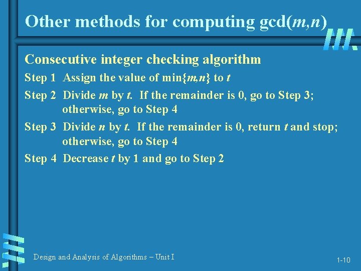 Other methods for computing gcd(m, n) Consecutive integer checking algorithm Step 1 Assign the