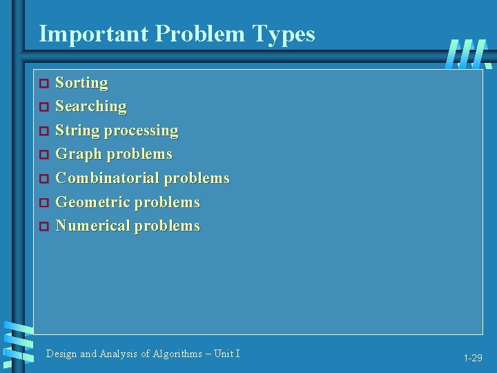 Important Problem Types Sorting Searching String processing Graph problems Combinatorial problems Geometric problems Numerical