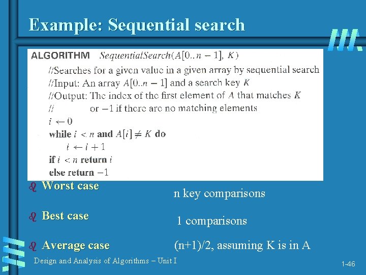 Example: Sequential search b Worst case b Best case 1 comparisons b Average case