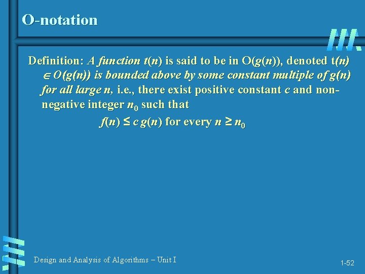O-notation Definition: A function t(n) is said to be in O(g(n)), denoted t(n) O(g(n))