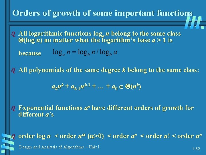 Orders of growth of some important functions b All logarithmic functions loga n belong