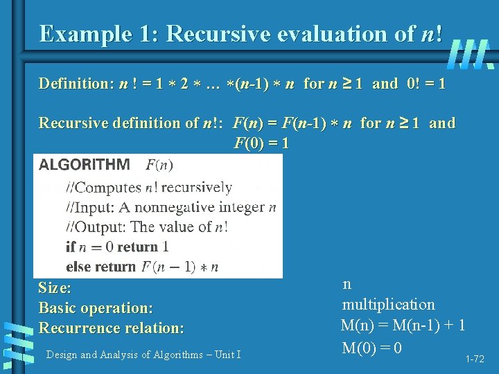 Example 1: Recursive evaluation of n! Definition: n ! = 1 2 … (n-1)