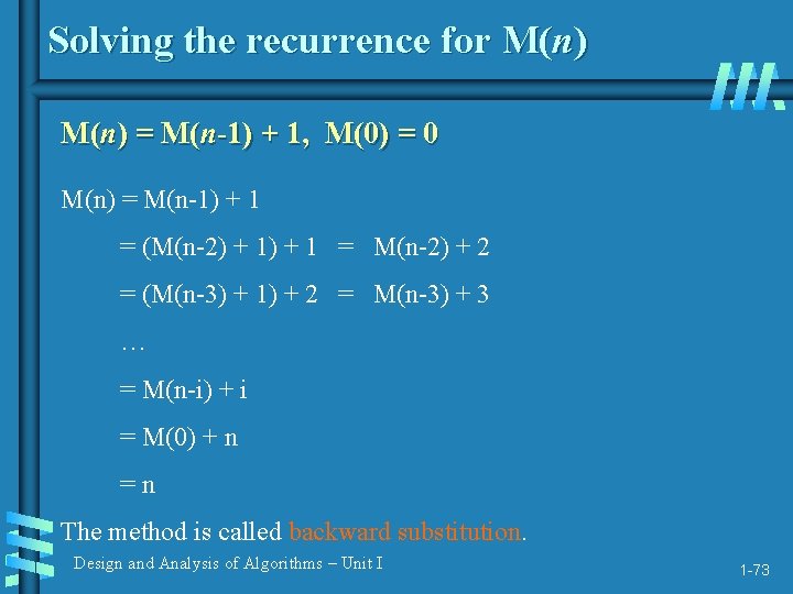 Solving the recurrence for M(n) = M(n-1) + 1, M(0) = 0 M(n) =