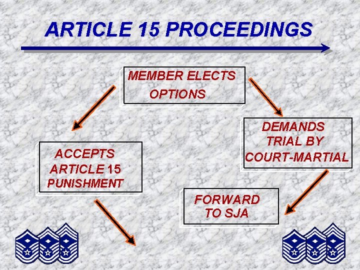 ARTICLE 15 PROCEEDINGS MEMBER ELECTS OPTIONS ACCEPTS ARTICLE 15 DEMANDS TRIAL BY COURT-MARTIAL PUNISHMENT