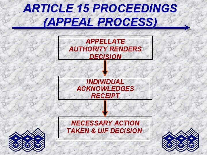 ARTICLE 15 PROCEEDINGS (APPEAL PROCESS) APPELLATE AUTHORITY RENDERS DECISION INDIVIDUAL ACKNOWLEDGES RECEIPT NECESSARY ACTION