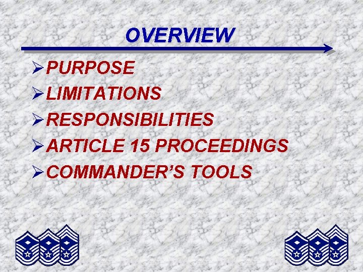 OVERVIEW ØPURPOSE ØLIMITATIONS ØRESPONSIBILITIES ØARTICLE 15 PROCEEDINGS ØCOMMANDER’S TOOLS 