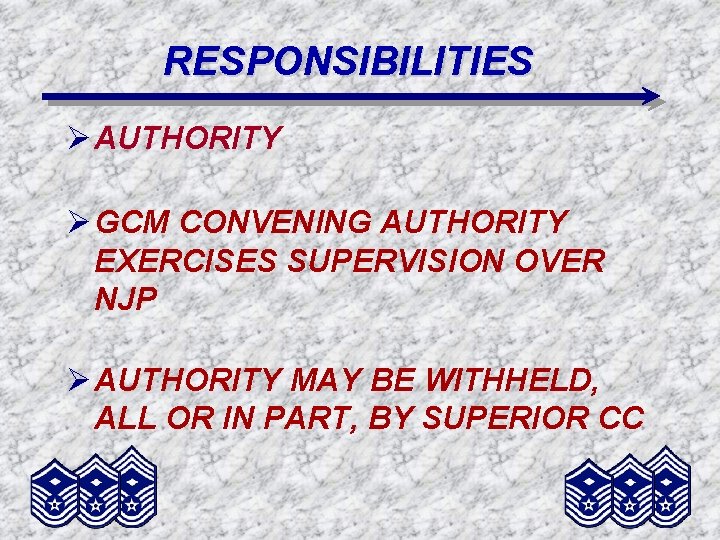 RESPONSIBILITIES Ø AUTHORITY Ø GCM CONVENING AUTHORITY EXERCISES SUPERVISION OVER NJP Ø AUTHORITY MAY