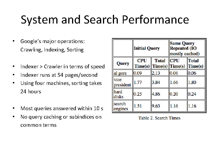 System and Search Performance • Google’s major operations: Crawling, Indexing, Sorting • Indexer >