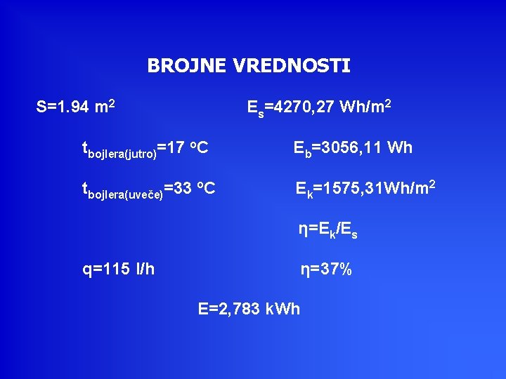 BROJNE VREDNOSTI S=1. 94 m 2 Es=4270, 27 Wh/m 2 tbojlera(jutro)=17 o. C Eb=3056,