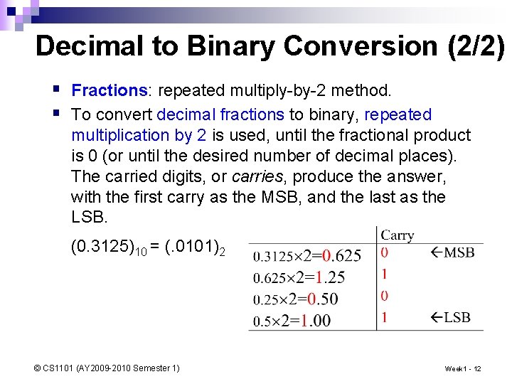 Decimal to Binary Conversion (2/2) § Fractions: repeated multiply-by-2 method. § To convert decimal