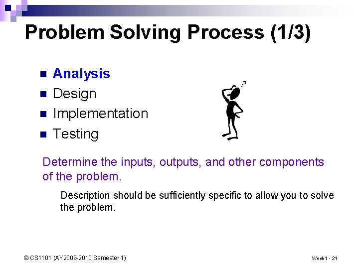 Problem Solving Process (1/3) n n Analysis Design Implementation Testing Determine the inputs, outputs,