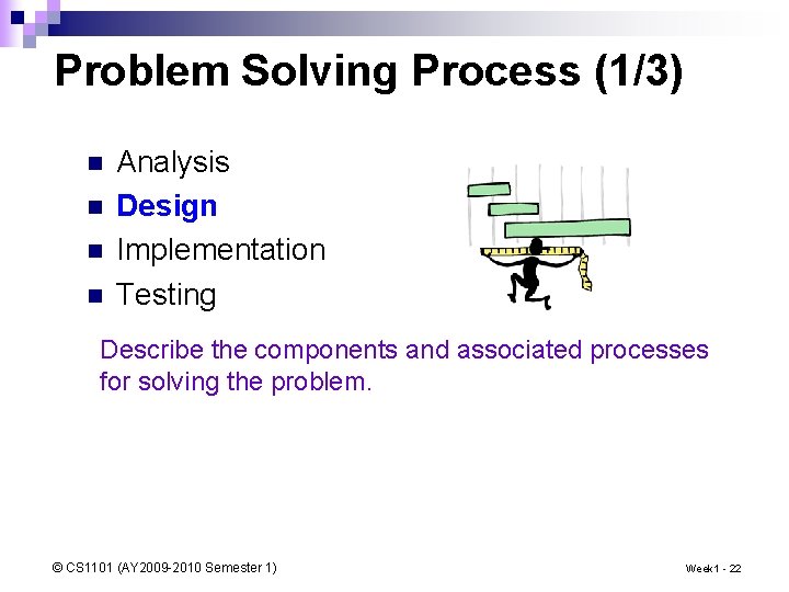 Problem Solving Process (1/3) n n Analysis Design Implementation Testing Describe the components and
