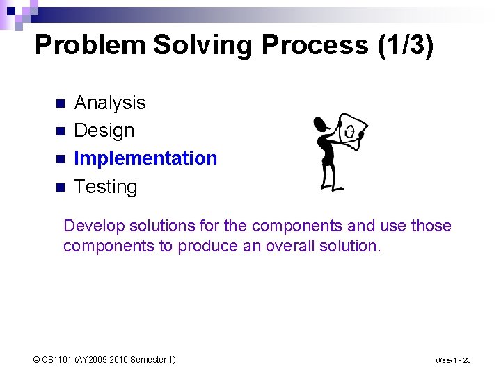 Problem Solving Process (1/3) n n Analysis Design Implementation Testing Develop solutions for the