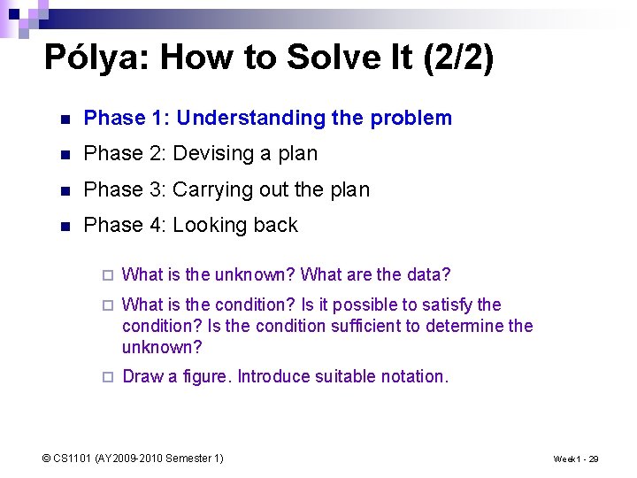 Pólya: How to Solve It (2/2) n Phase 1: Understanding the problem n Phase