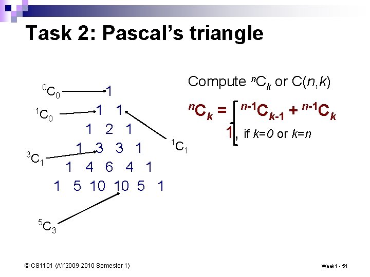 Task 2: Pascal’s triangle 0 C 0 1 Compute n. Ck or C(n, k)