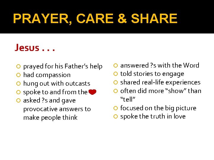 PRAYER, CARE & SHARE Jesus. . . prayed for his Father’s help had compassion