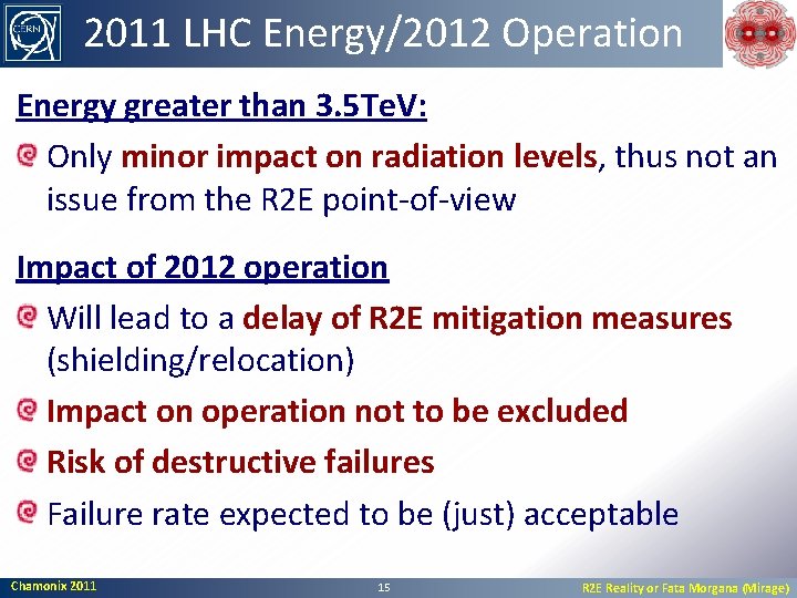 2011 LHC Energy/2012 Operation Energy greater than 3. 5 Te. V: Only minor impact