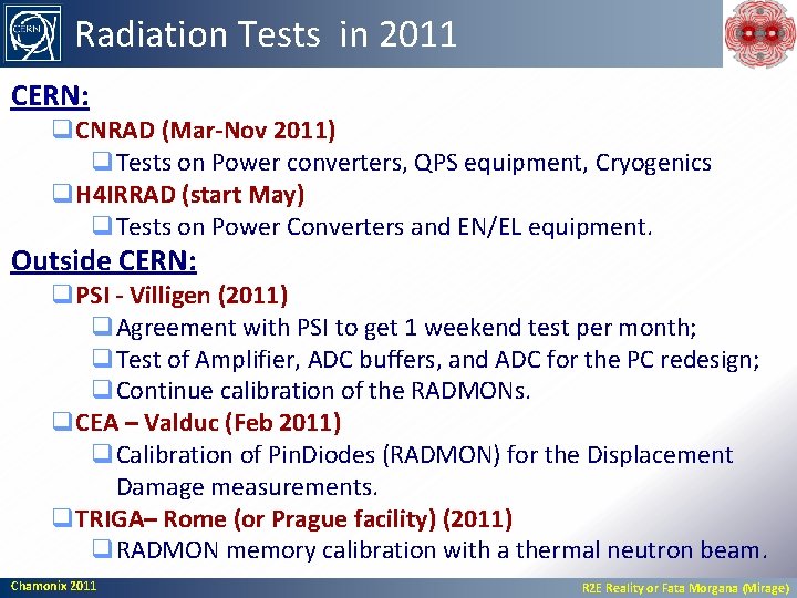 Radiation Tests in 2011 CERN: q. CNRAD (Mar-Nov 2011) q Tests on Power converters,