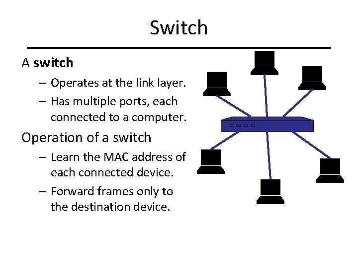 Switch A switch – Operates at the link layer. – Has multiple ports, each Switch A switch – Operates at the link layer. – Has multiple ports, each