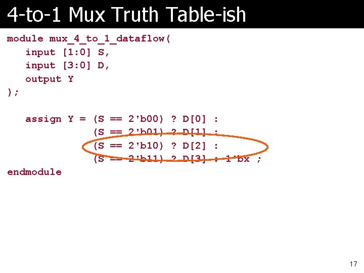 4 -to-1 Mux Truth Table-ish module mux_4_to_1_dataflow( input [1: 0] S, input [3: 0]