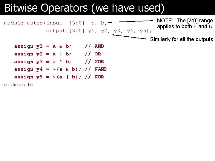 Bitwise Operators (we have used) NOTE: The [3: 0] range module gates(input [3: 0]