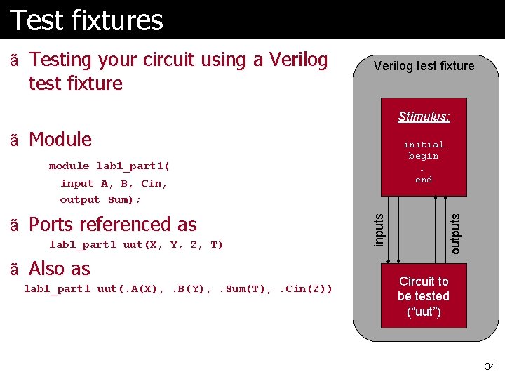 Test fixtures ã Testing your circuit using a Verilog test fixture Stimulus: ã Module
