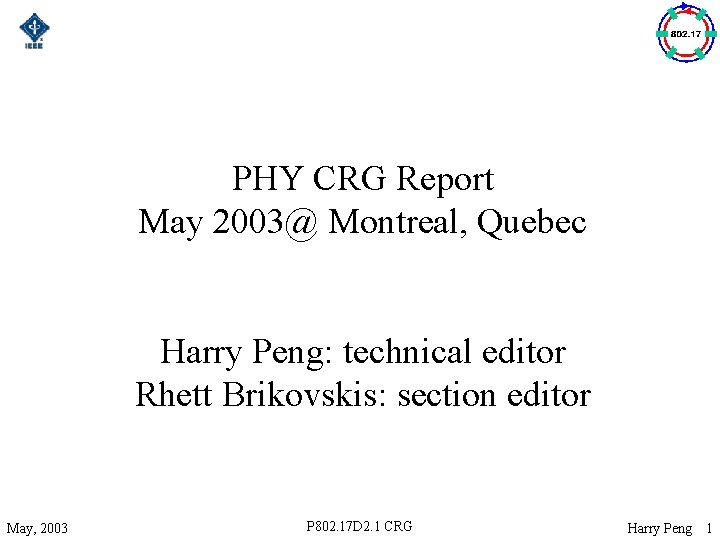 PHY CRG Report May 2003@ Montreal, Quebec Harry Peng: technical editor Rhett Brikovskis: section