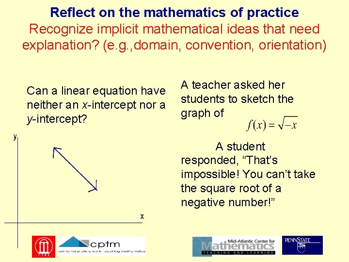 Reflect on the mathematics of practice Recognize implicit mathematical ideas that need explanation? (e.