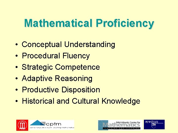 Mathematical Proficiency • • • Conceptual Understanding Procedural Fluency Strategic Competence Adaptive Reasoning Productive