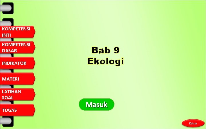 KOMPETENSI INTI KOMPETENSI DASAR INDIKATOR Bab 9 Ekologi MATERI LATIHAN SOAL TUGAS Masuk Keluar