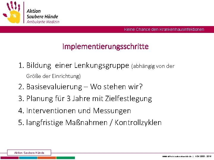 Keine Chance den Krankenhausinfektionen Implementierungsschritte 1. Bildung einer Lenkungsgruppe (abhängig von der Größe der