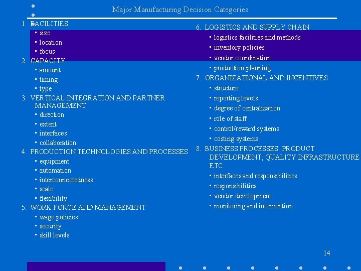 Major Manufacturing Decision Categories 1. FACILITIES • size • location • focus 2. CAPACITY