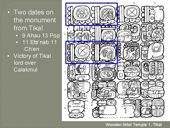  • Two dates on the monument from Tikal. • 9 Ahau 13 Pop