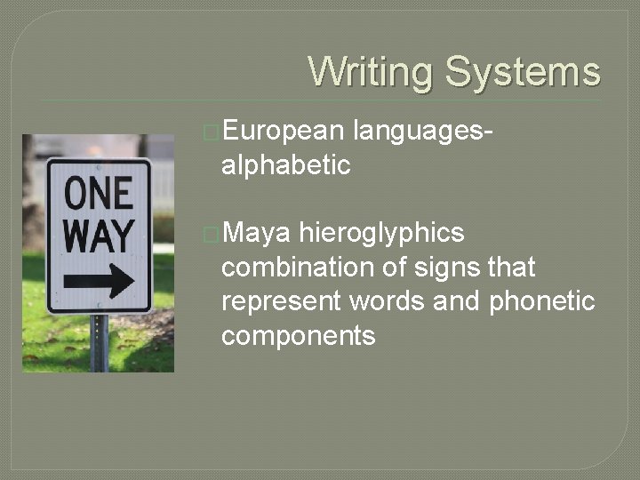 Writing Systems �European languages- alphabetic �Maya hieroglyphics combination of signs that represent words and