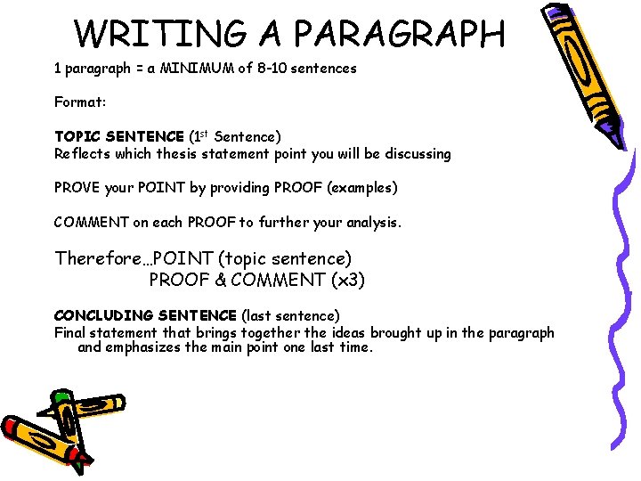 WRITING A PARAGRAPH 1 paragraph = a MINIMUM of 8 -10 sentences Format: TOPIC