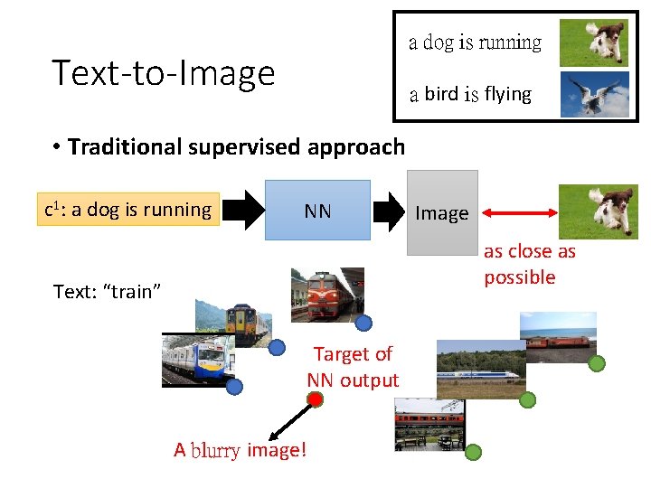 a dog is running Text-to-Image a bird is flying • Traditional supervised approach c