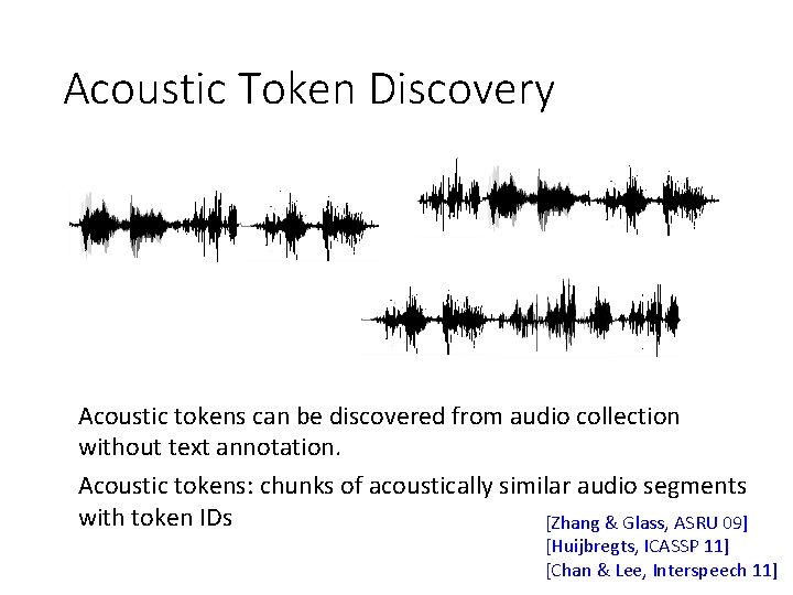 Acoustic Token Discovery Acoustic tokens can be discovered from audio collection without text annotation.