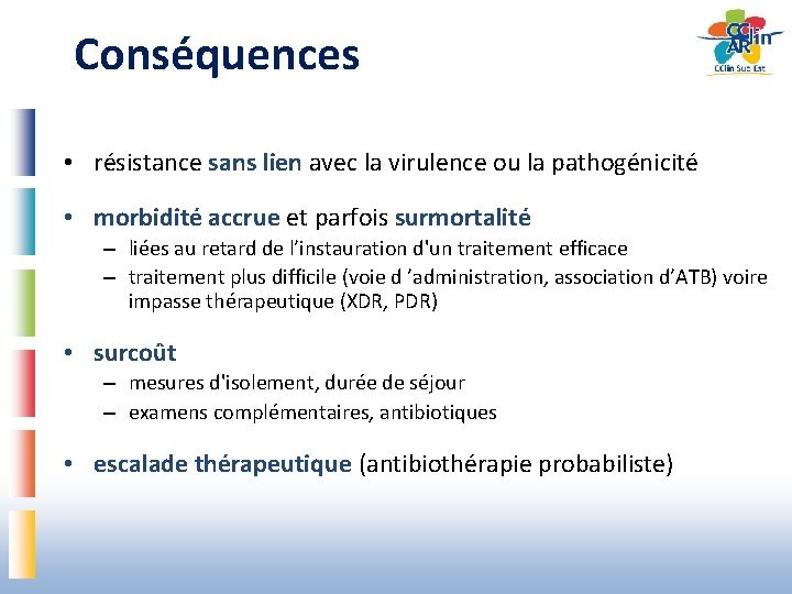 Conséquences • résistance sans lien avec la virulence ou la pathogénicité • morbidité accrue