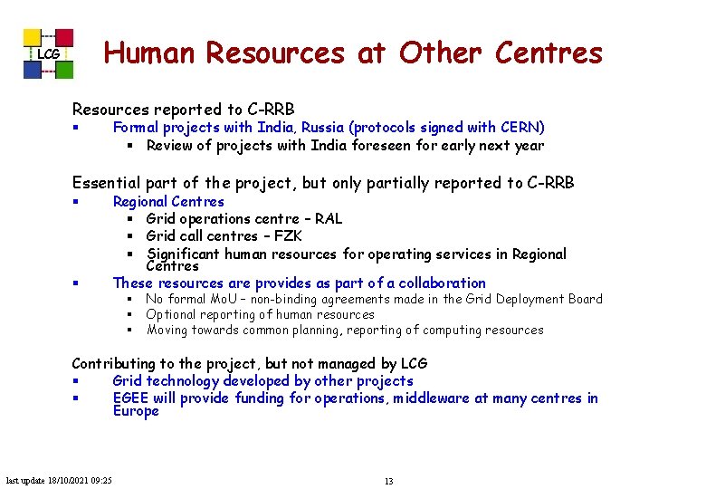 Human Resources at Other Centres LCG Resources reported to C-RRB § Formal projects with