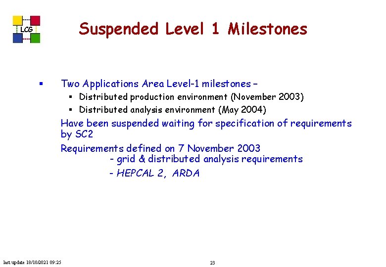 Suspended Level 1 Milestones LCG § Two Applications Area Level-1 milestones – § Distributed