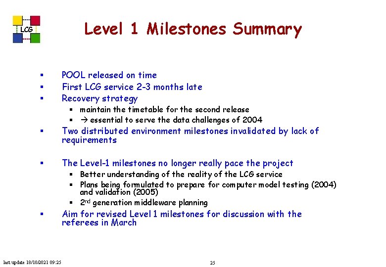 Level 1 Milestones Summary LCG § § § POOL released on time First LCG