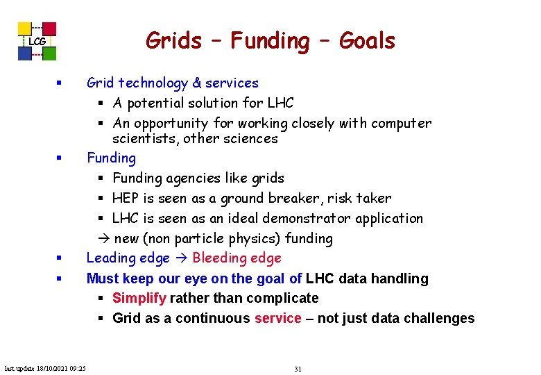 Grids – Funding – Goals LCG § § last update 18/10/2021 09: 25 Grid