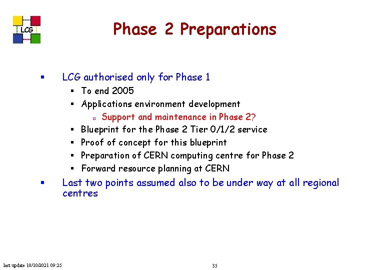 Phase 2 Preparations LCG § LCG authorised only for Phase 1 § To end