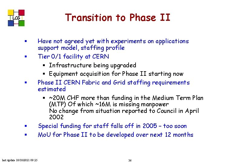 Transition to Phase II LCG § § § last update 18/10/2021 09: 25 Have