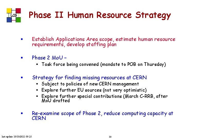 Phase II Human Resource Strategy LCG § Establish Applications Area scope, estimate human resource