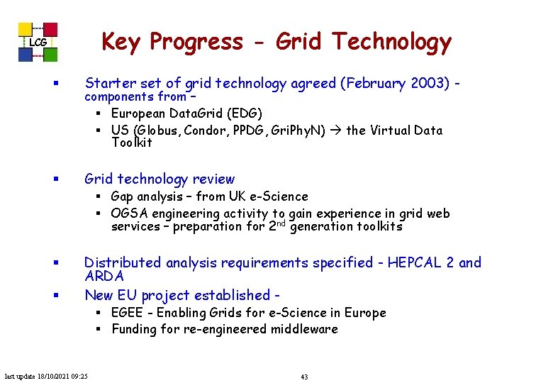 Key Progress - Grid Technology LCG § Starter set of grid technology agreed (February
