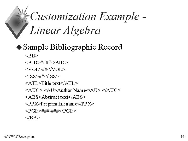 Customization Example Linear Algebra u Sample Bibliographic Record <BB> <AID>####</AID> <VOL>##</VOL> <ISS>##</ISS> <ATL>Title text</ATL>
