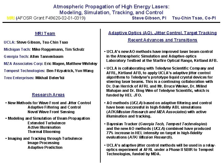 Atmospheric Propagation of High Energy Lasers: Modeling, Simulation, Tracking, and Control MRI (AFOSR Grant
